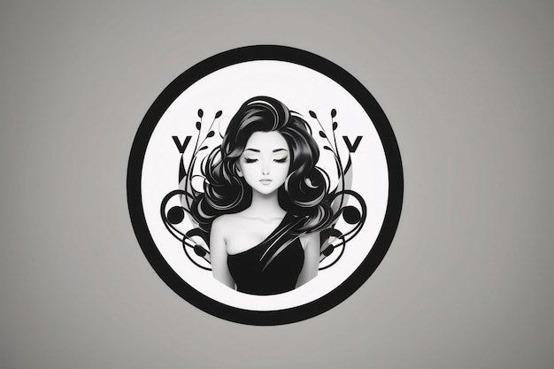 Foto mulher preta e branca ilustração plana em círculo retrato de logotipo com elemento botânico de flor