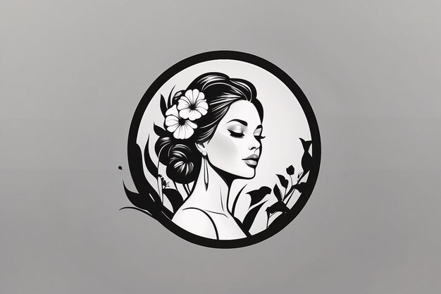 Mulher preta e branca ilustração plana em círculo retrato de logotipo com elemento botânico de flor