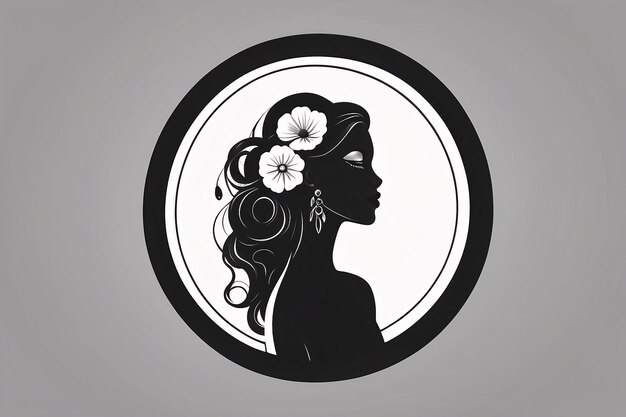 Mulher preta e branca ilustração plana em círculo retrato de logotipo com elemento botânico de flor