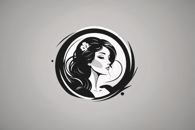 Mulher preta e branca ilustração plana em círculo retrato de logotipo com elemento botânico de flor