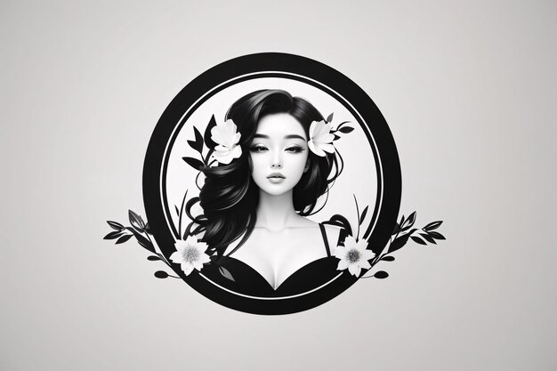 Foto mulher preta e branca ilustração plana em círculo retrato de logotipo com elemento botânico de flor