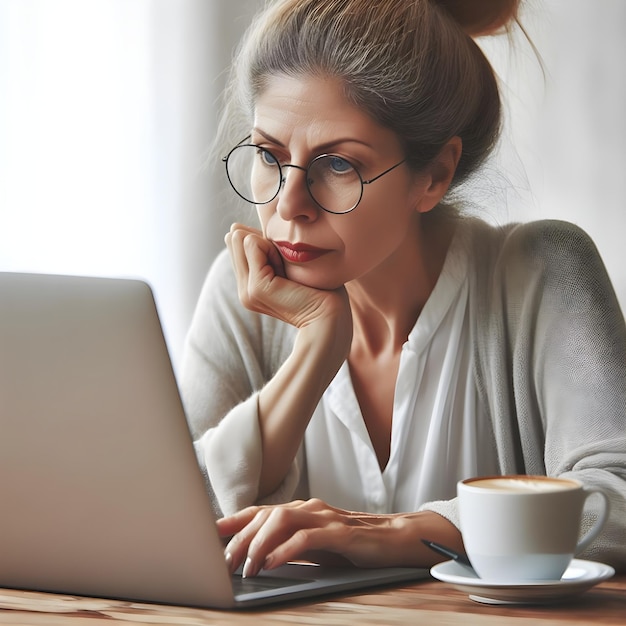 Mulher profissional a digitar no portátil num ambiente de escritório moderno durante as horas de trabalho