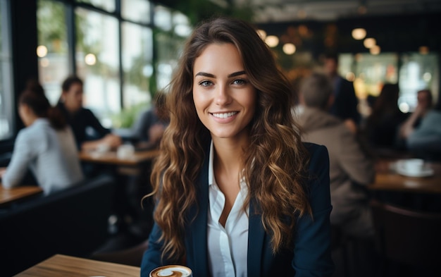 Mulher profissional a relaxar com uma IA geradora de café