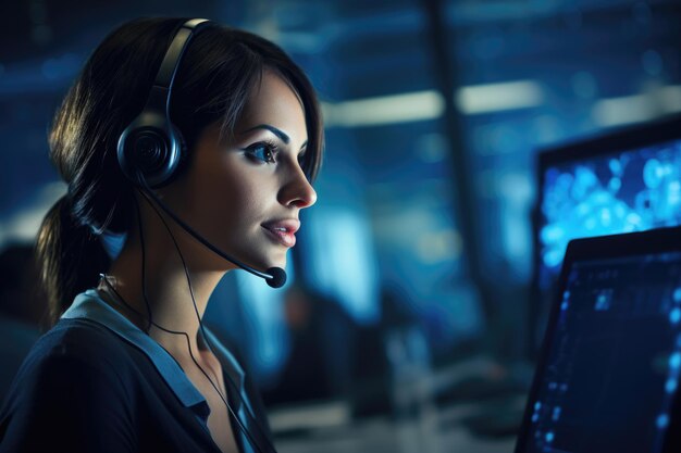 Foto mulher profissional com fone de ouvido em uma sala de controle de alta tecnologia focada e pronta para tarefas de comunicação