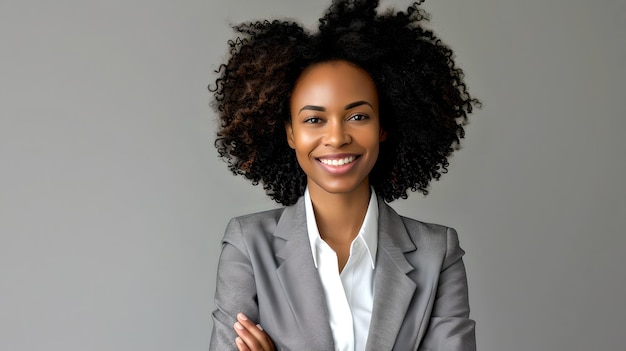 Mulher profissional confiante sorrindo em trajes de negócios Retrato de local de trabalho moderno Executivo acessível Estilo corporativo AI