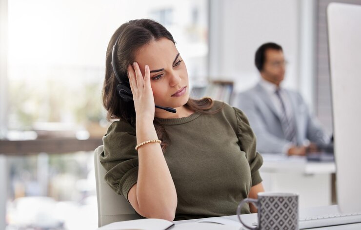Foto mulher profissional estressada ou de negócios com microfone no escritório para agente de serviço de emprego ou cansada trabalhadora profissional ou consultora com dor de fadiga ou enxaqueca para pressão de trabalho em call center