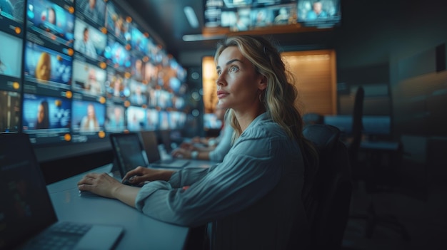 Mulher profissional focada na sala de monitoramento de alta tecnologia que visualiza múltiplos ecrãs de videoconferência