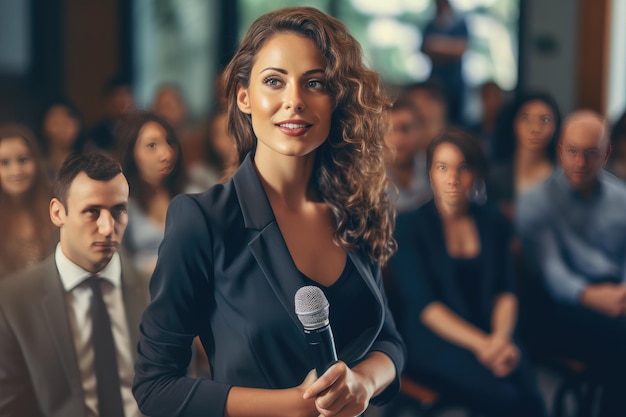 Mulher profissional liderando uma conferência