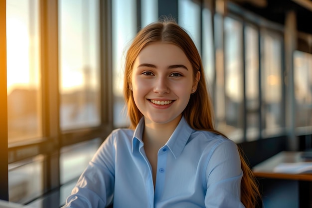 Mulher profissional sorridente no escritório iluminado pelo sol