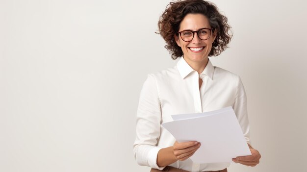 Foto mulher profissional sorrindo enquanto segura uma pilha de documentos