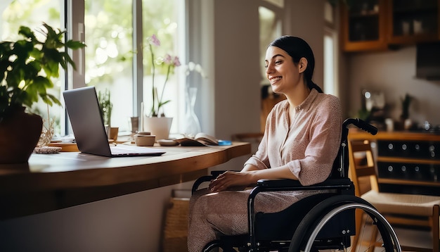 Mulher programadora freelance sentada em cadeira de rodas e usando laptop em casa