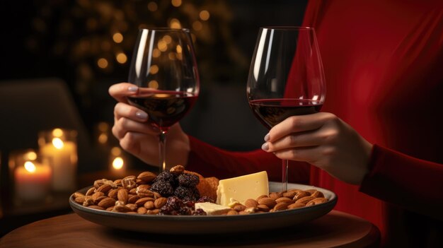 Mulher prova uma variedade de queijos com vinho em um restaurante