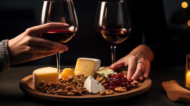 Mulher prova uma variedade de queijos com vinho em um restaurante