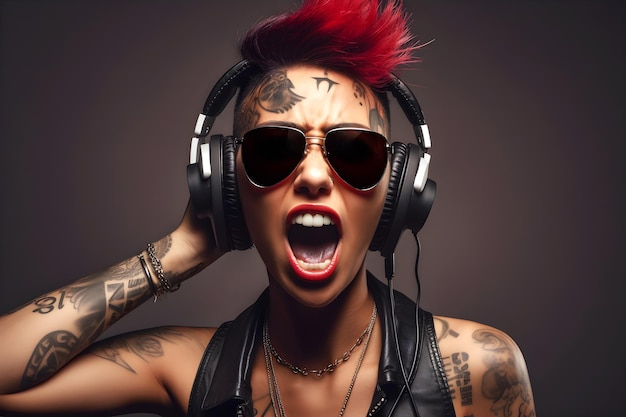 Mulher punk com cabelos ruivos ouvindo música em fones de ouvido ilustração generativa ai