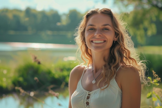 mulher que exala felicidade e uma sensação de se sentir verdadeiramente viva em um belo parque natural perto de um lago