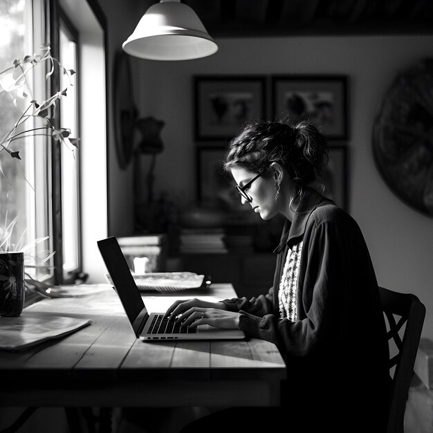 Mulher que trabalha com laptops, trabalhadora freelancer, trabalho em casa com computadores