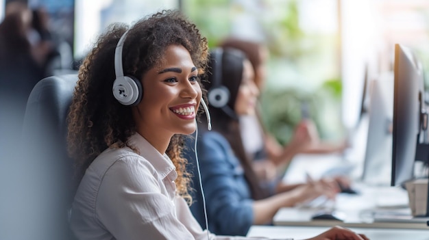 Mulher que trabalha em um call center usando fones de ouvido sorriso feliz Linha direta de suporte técnico Mulher de negócios agente de call center olhando para a câmera posando no escritório de suporte de serviço ao cliente