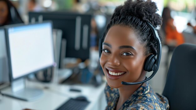 Foto mulher que trabalha em um call center usando fones de ouvido sorriso feliz linha direta de suporte técnico mulher de negócios agente de call center olhando para a câmera posando no escritório de suporte de serviço ao cliente