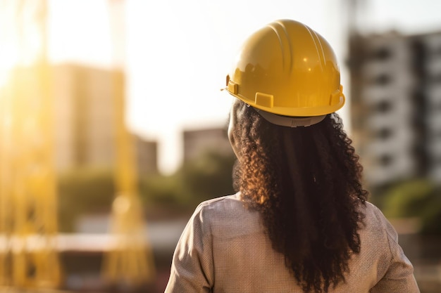 Mulher que trabalha em um canteiro de obras usando um capacete de segurança amarelo vista traseira Generative AI