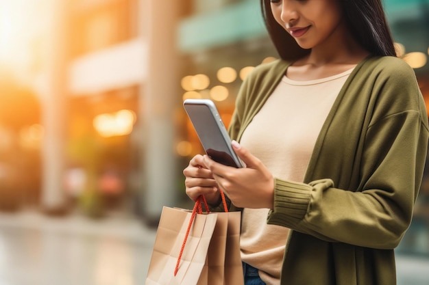 mulher que usa smartphone para fazer compras on-line e conceito de pagamento digital