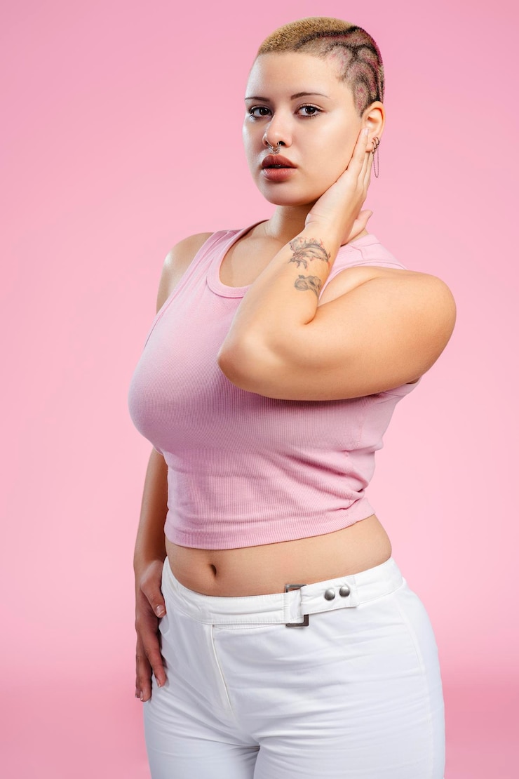 Foto mulher queer confiante com cabeça rapada e tatuagens posando em fundo rosa