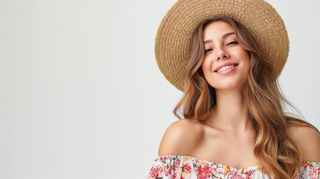 Mulher radiante com um sorriso alegre vestindo um chapéu de palha e um vestido floral