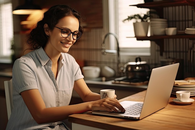 Mulher radiante de estilo sofisticado em óculos cativantemente absorta no trabalho do laptop na mesa da cozinha