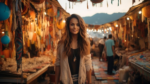 Foto mulher radiante num mercado boêmio ao anoitecer, luzes cintilantes e artesanato vibrante.