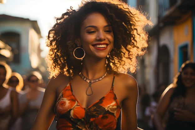 Foto mulher radiante sorrindo ao pôr-do-sol