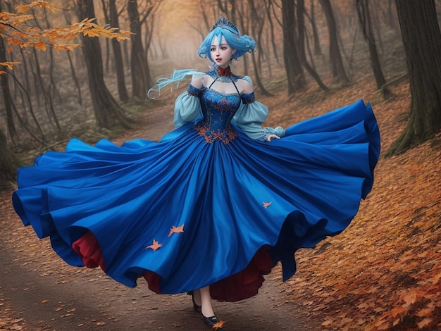 Mulher rainha cabelo azul corre na floresta de outono menina longa elegante vestido vermelho vintage da noite real