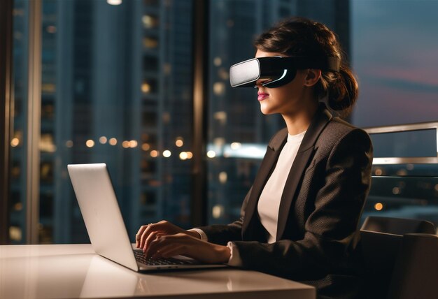 Foto mulher realidade óculos tecnologia virtual futurista pessoa negócio digital adulto fone de ouvido futuro dispositivo vr conexão entretenimento