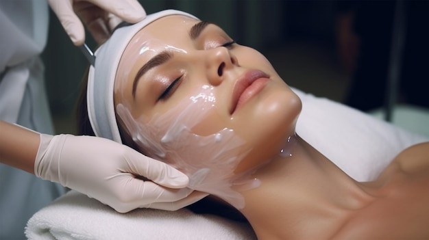 Mulher recebendo cuidados faciais por esteticista no salão spa