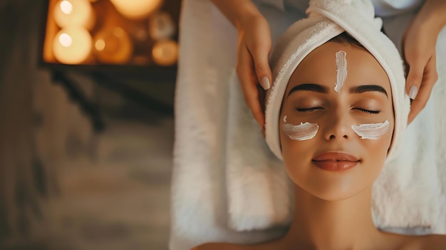 Mulher recebendo um tratamento facial em um spa com os olhos fechados e uma expressão relaxante