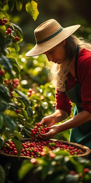 Foto mulher recolectando grãos de café vermelho