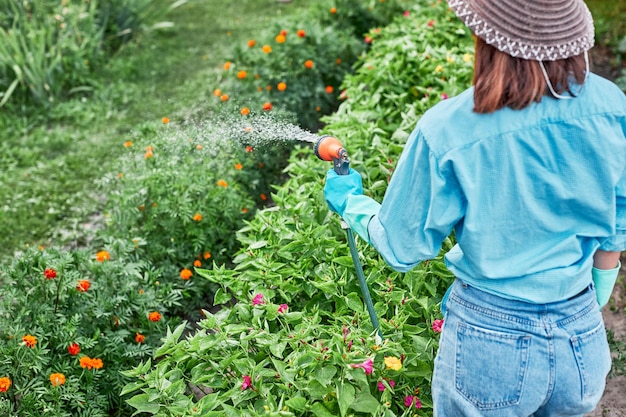 Mulher regando plantas borrifando água na grama no quintal Menina usando mangueira de jardim regando flores no jardim