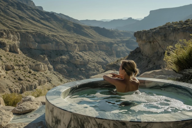 Mulher relaxa em banheira de hidromassagem com um belo cenário de montanha