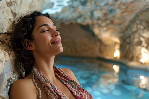 Foto mulher relaxa em um spa de caverna tranquila desfrutando da piscina coberta e formações rochosas naturais é um oásis sereno para bem-estar e rejuvenescimento