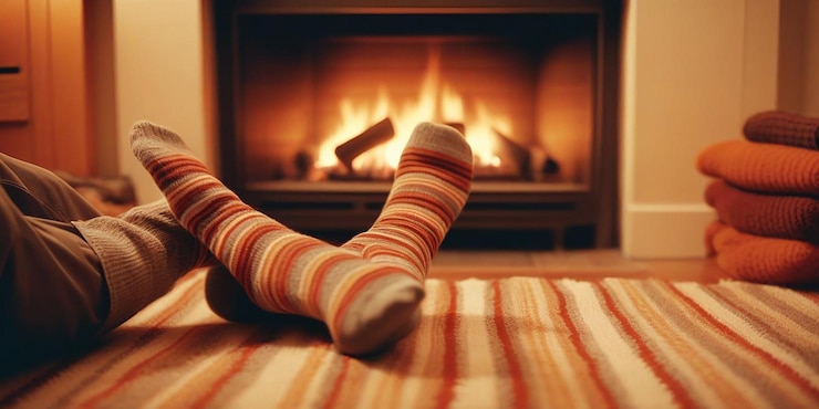 Foto mulher relaxa junto ao fogo de natal desfrutando da aconchegante atmosfera de férias