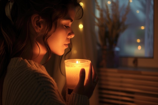 Mulher relaxada cheirando uma vela perfumada acesa na noite em casa