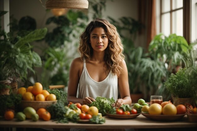 Mulher relaxada com comida saudável na sala com plantas arco