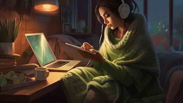 Mulher relaxada desfrutando de música enquanto trabalha em laptop do conforto de seu sofá IA geradora