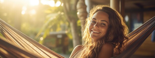 Foto mulher relaxada repousa deitada em uma rede