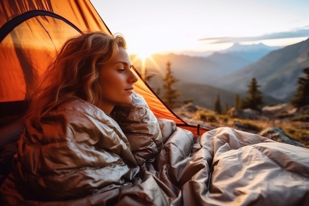 Mulher relaxando e deitado em um saco de dormir na tenda Sunset acampamento na floresta paisagem de montanhas