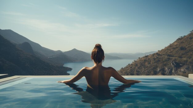 Mulher relaxando em piscina infinita AI