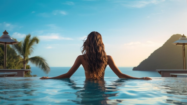 Mulher relaxando em piscina infinita AI