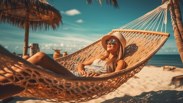 Mulher relaxando em rede na praia durante o pôr do sol