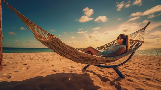 Mulher relaxando em rede na praia durante o pôr do sol