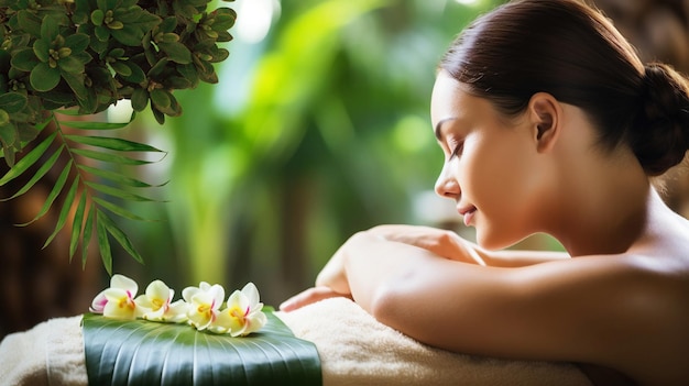 Mulher relaxando em spa resort e planta tropical