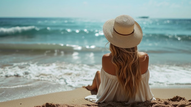 Mulher relaxando em um chapéu branco em uma praia