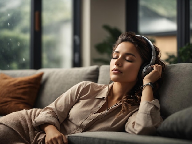 Foto mulher relaxando em um sofá ouvindo música